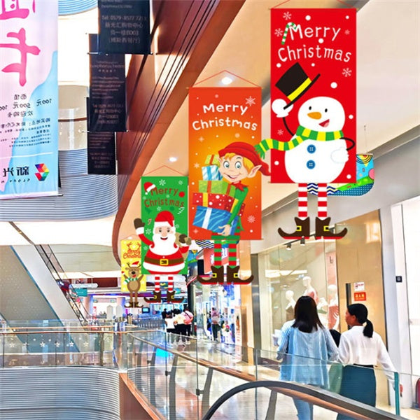 HKM-080595 Christmas Themed Cloth Window Decoration Set - Snowman, Santa Claus, Elk, Wreath, Tree, Elf - 115x40cm