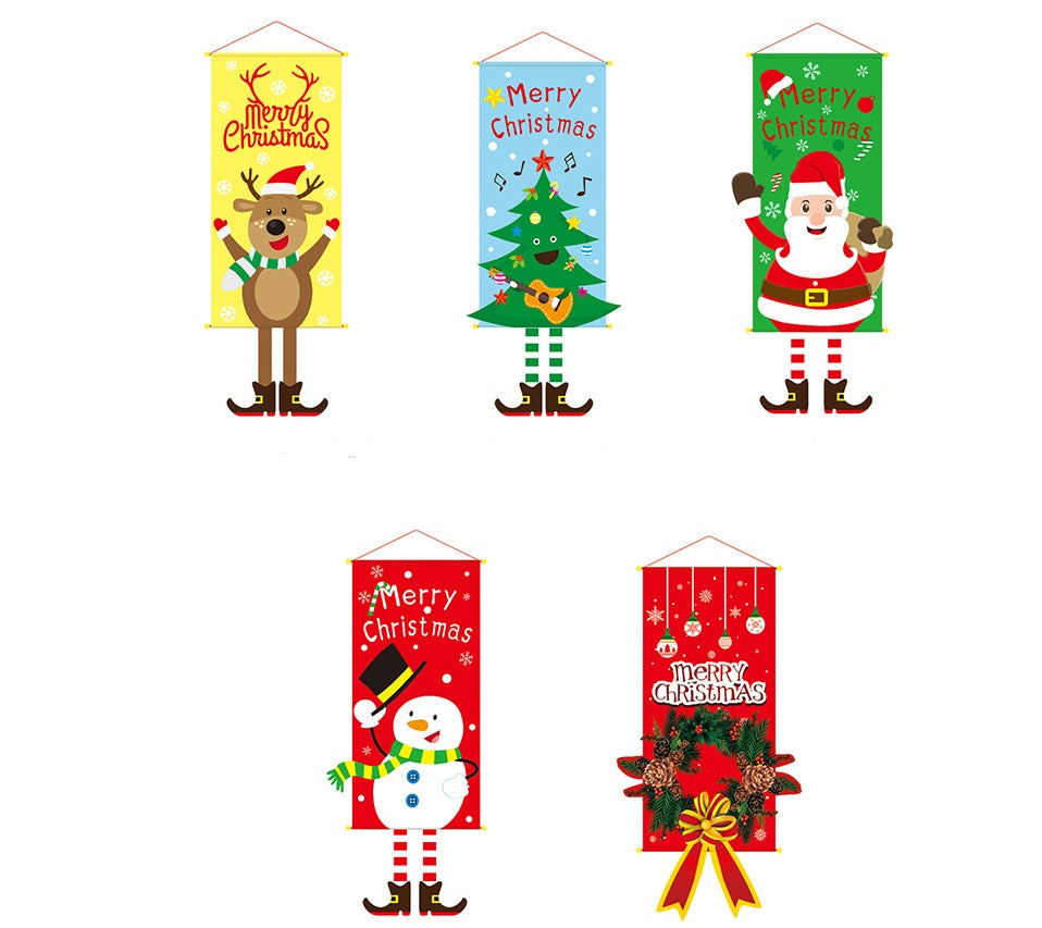 HKM-080595 Christmas Themed Cloth Window Decoration Set - Snowman, Santa Claus, Elk, Wreath, Tree, Elf - 115x40cm