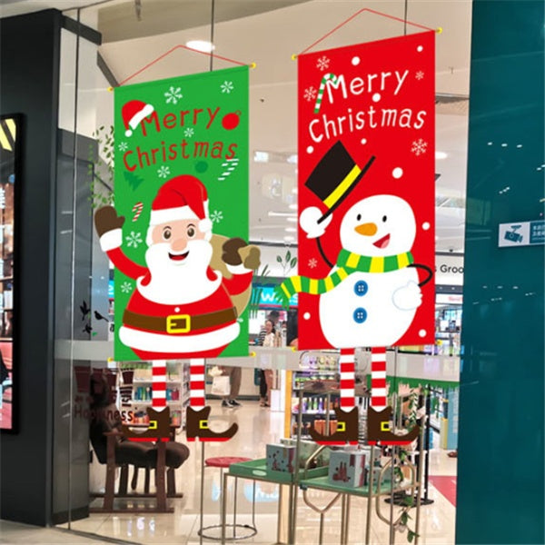 HKM-080595 Christmas Themed Cloth Window Decoration Set - Snowman, Santa Claus, Elk, Wreath, Tree, Elf - 115x40cm