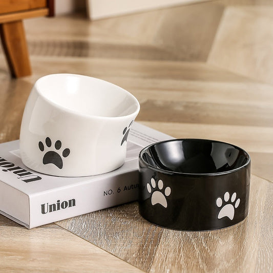 HKM-082323 Ceramic Cat Paw Pet Bowl - Oblique & Flat Mouth Design in Multiple Colors