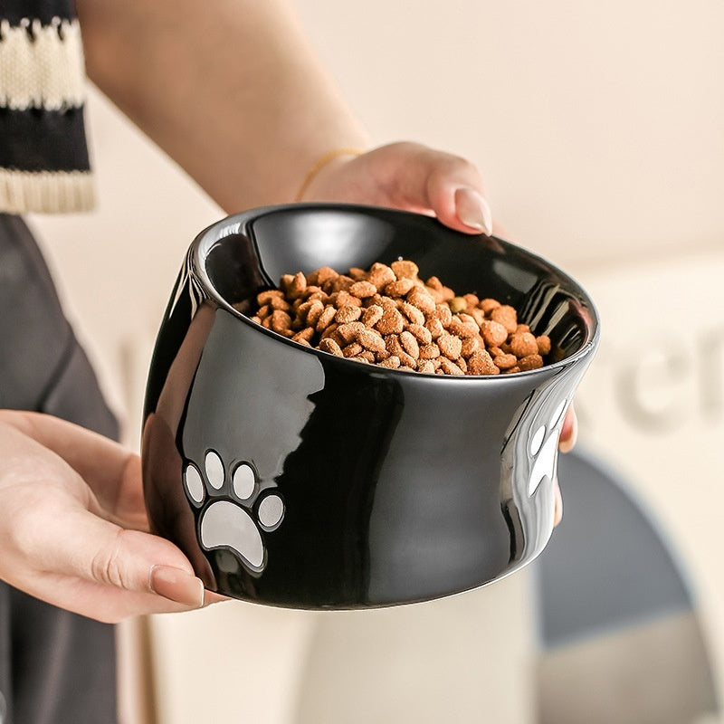 HKM-082323 Ceramic Cat Paw Pet Bowl - Oblique & Flat Mouth Design in Multiple Colors