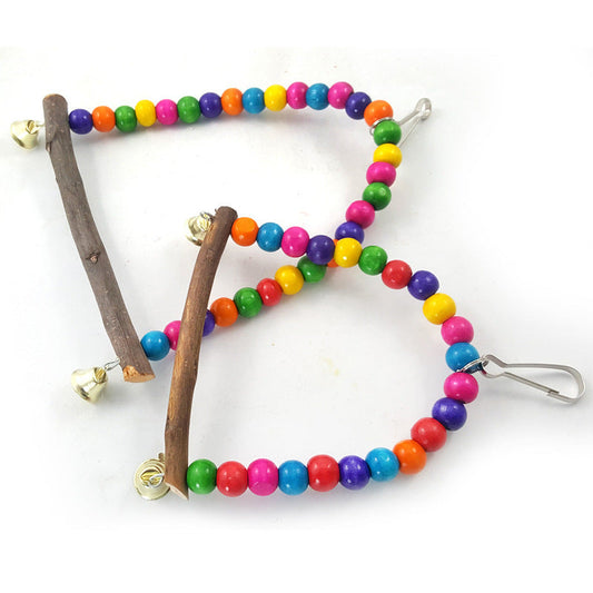 HKM-082387 Bird Ladder and Climbing Toy with Bells for Birds and Parrots - Natural Wood Design