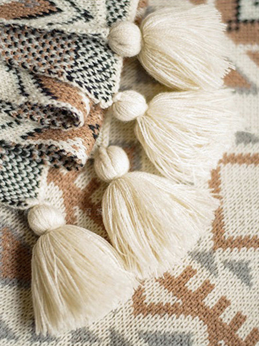 HKM-082771 Bohemian Geometric Cotton Knitted Blanket for All-Season Comfort
