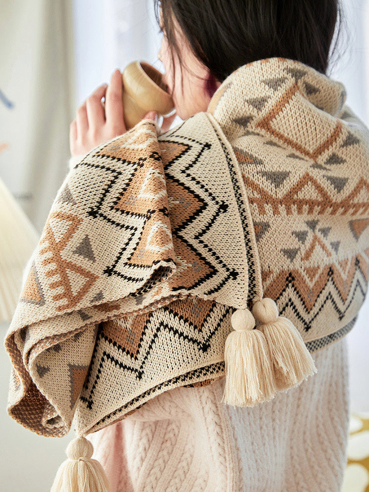 HKM-082771 Bohemian Geometric Cotton Knitted Blanket for All-Season Comfort