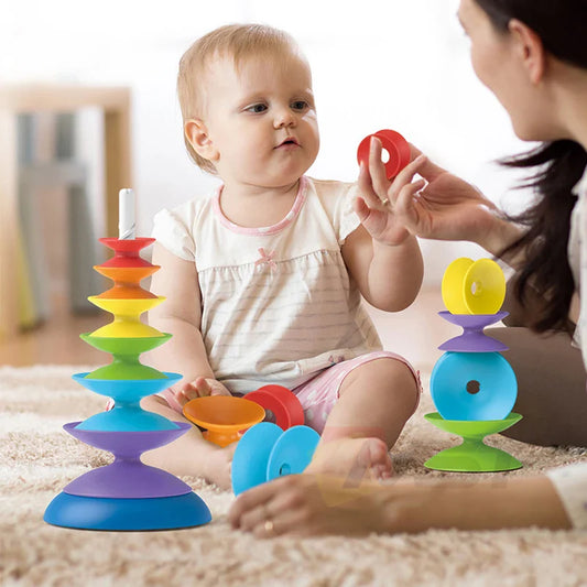 HKM-083027 Rainbow Spinning Wheel Stacking Tower Toy for Babies – Educational Sensory Balance Training for Ages 18 Months and Up