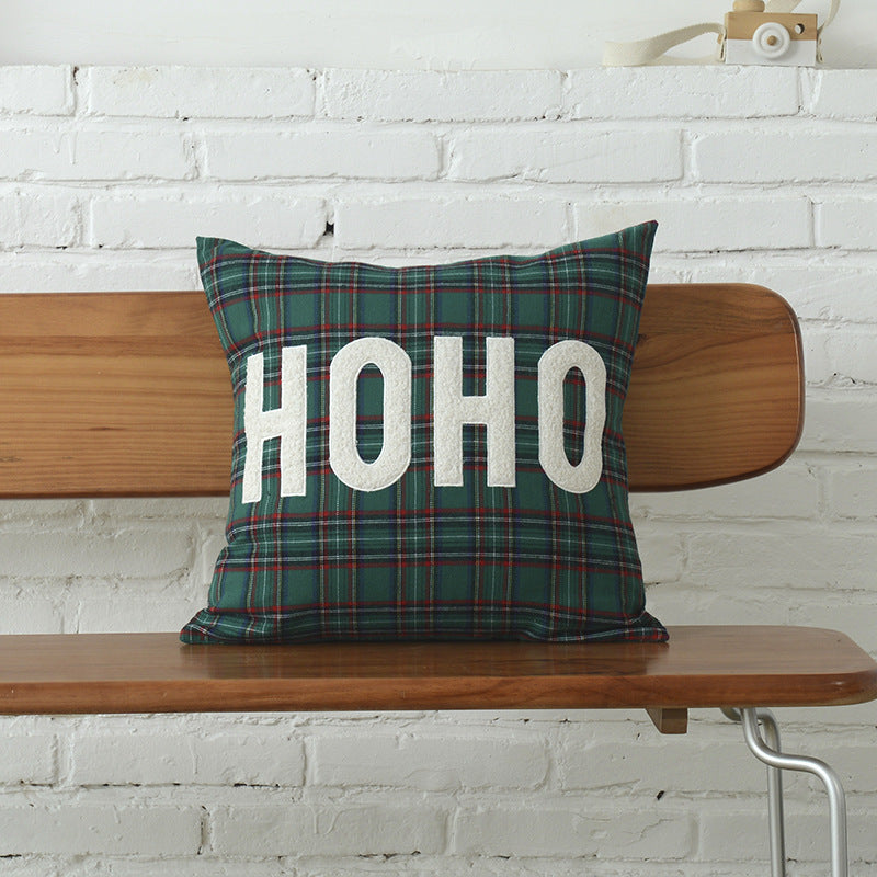 HKM-083731 Christmas Green Plaid Polyester-Cotton Canvas Pillow Cover