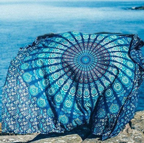 HKM-084435 Blue Peacock Geometric Abstract Tapestry, 150x150 cm Polyester Fabric