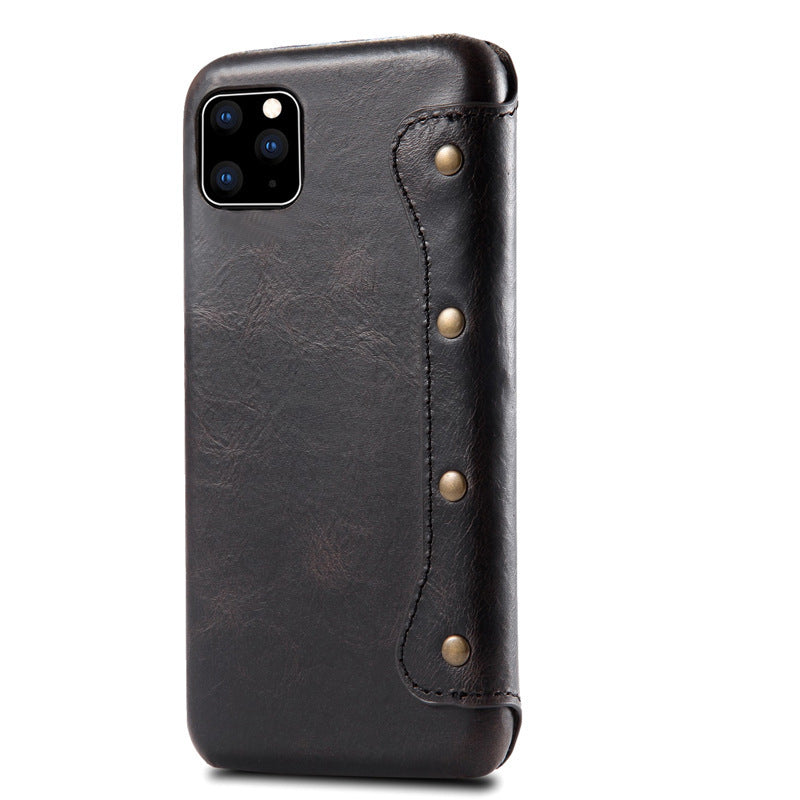 HKM-084691 Simple First Layer Leather Flip Phone Case with Card Holder - Compatible with Apple Devices