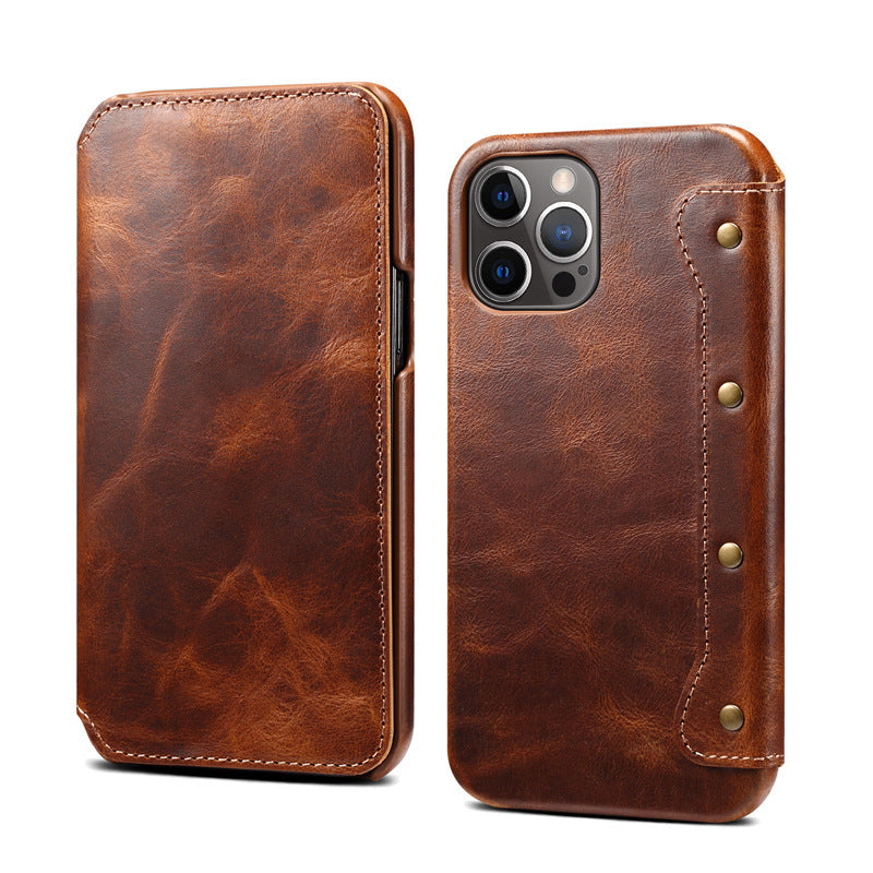 HKM-084691 Simple First Layer Leather Flip Phone Case with Card Holder - Compatible with Apple Devices