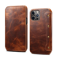 HKM-084691 Simple First Layer Leather Flip Phone Case with Card Holder - Compatible with Apple Devices
