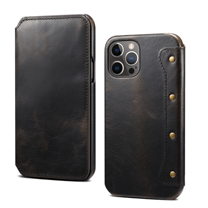 HKM-084691 Simple First Layer Leather Flip Phone Case with Card Holder - Compatible with Apple Devices
