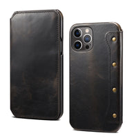 HKM-084691 Simple First Layer Leather Flip Phone Case with Card Holder - Compatible with Apple Devices
