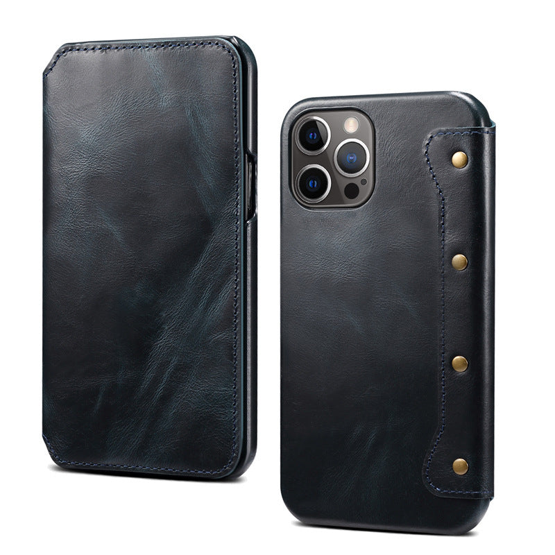 HKM-084691 Simple First Layer Leather Flip Phone Case with Card Holder - Compatible with Apple Devices