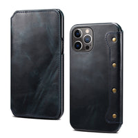 HKM-084691 Simple First Layer Leather Flip Phone Case with Card Holder - Compatible with Apple Devices