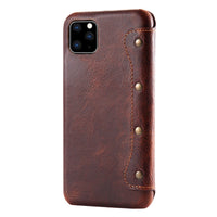HKM-084691 Simple First Layer Leather Flip Phone Case with Card Holder - Compatible with Apple Devices