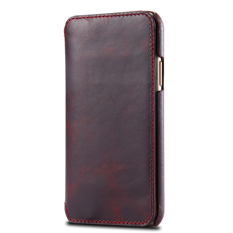 HKM-084691 Simple First Layer Leather Flip Phone Case with Card Holder - Compatible with Apple Devices