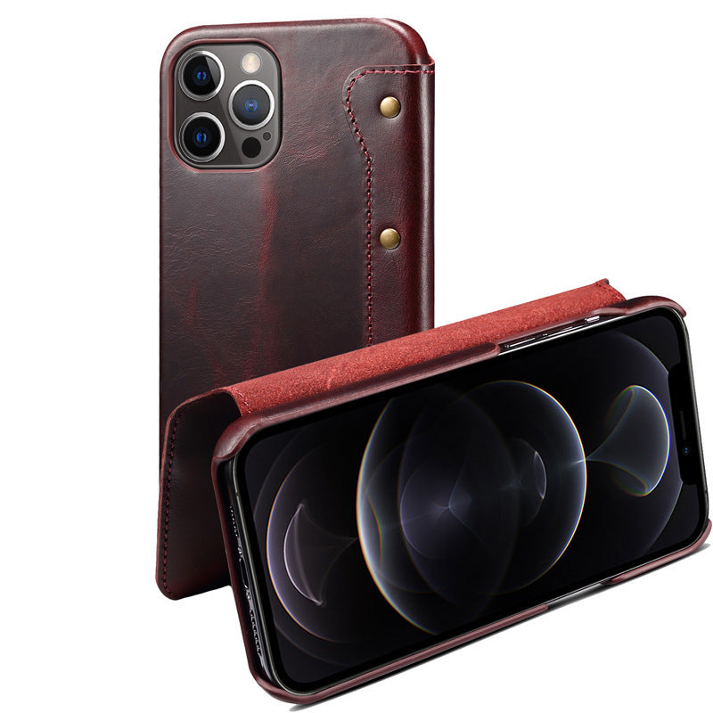 HKM-084691 Simple First Layer Leather Flip Phone Case with Card Holder - Compatible with Apple Devices