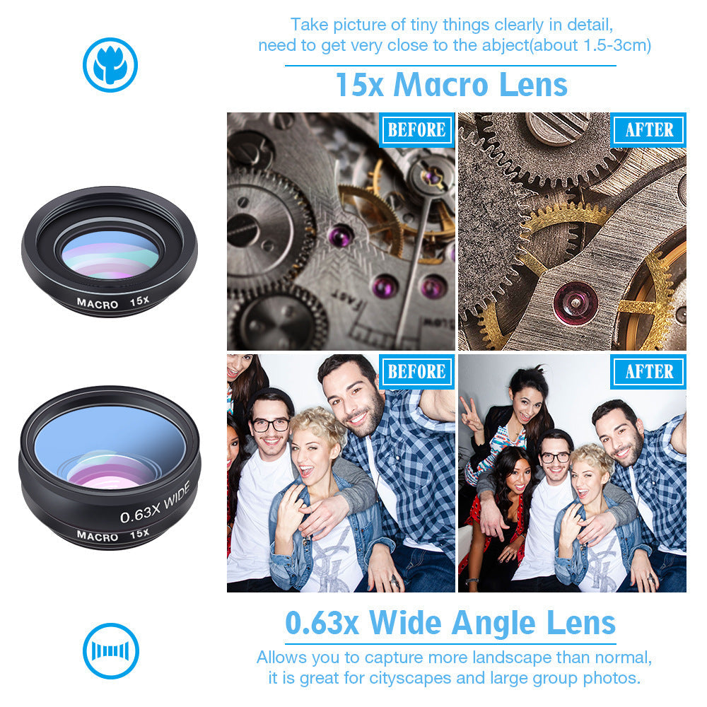 HKM-084947 High-Definition Mobile Phone Lens Set with Fisheye, Telephoto, Wide-Angle, and Macro Lenses