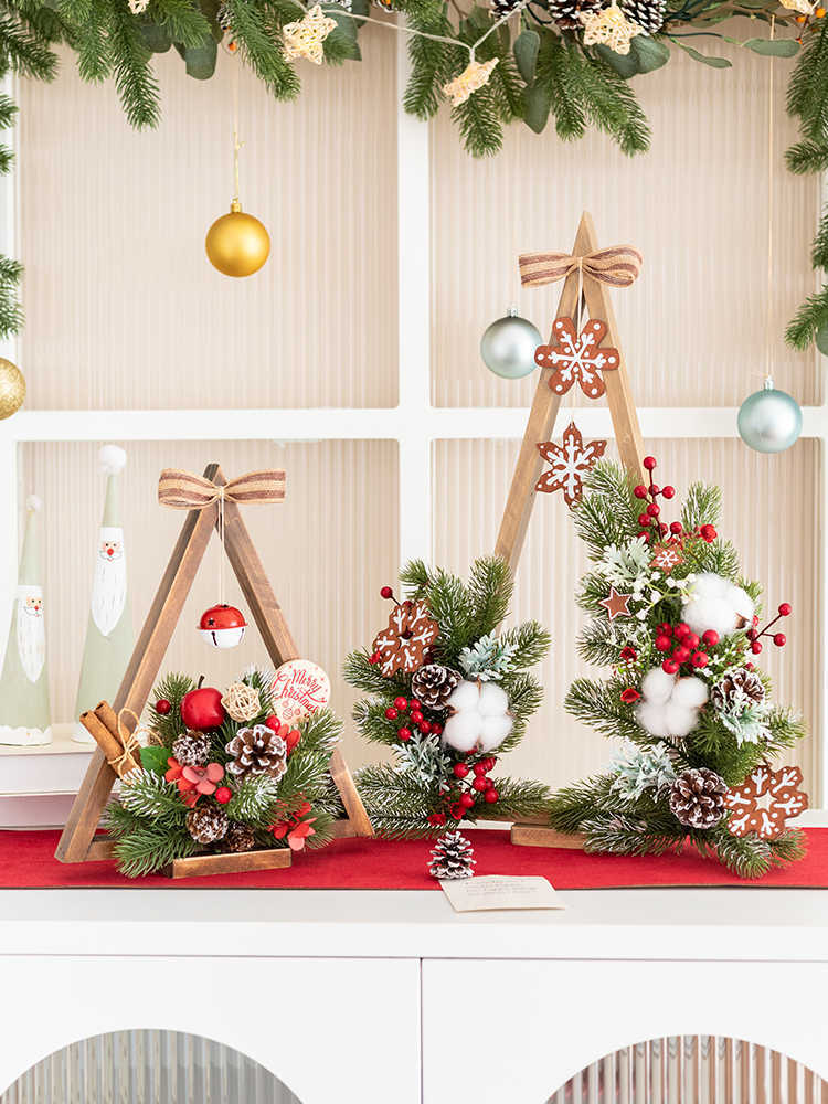 HKM-085203 Atmosphere Flower Christmas Tree Lamp with Solid Wood Base and Artificial Floral Accents