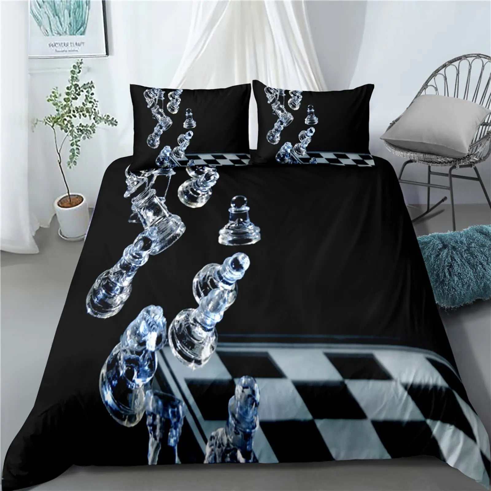 HKM-085587 Modern Striped Chess Pattern Quilt Cover Set - Multiple Sizes Available, Three-Piece and Two-Piece Options