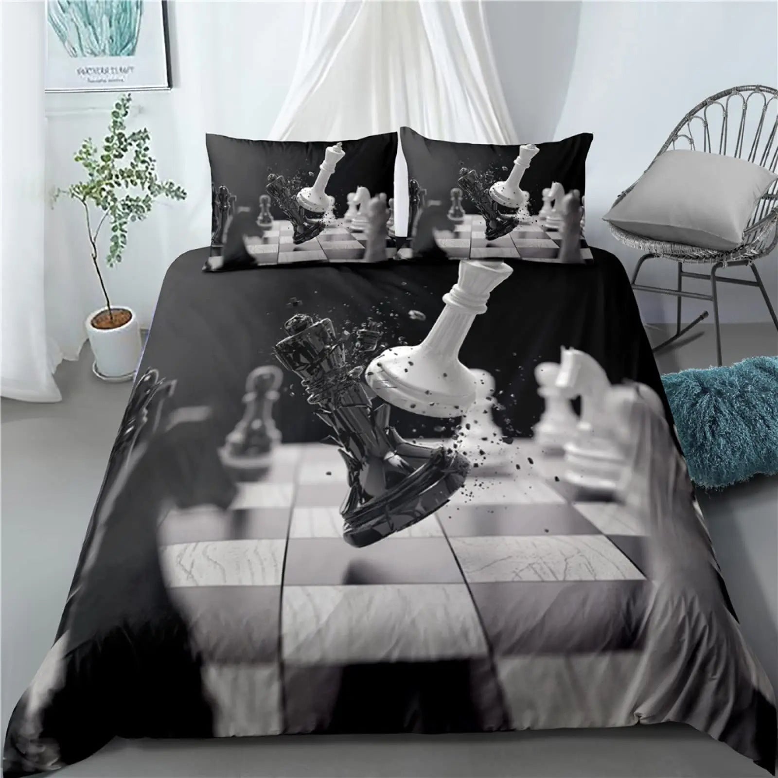 HKM-085587 Modern Striped Chess Pattern Quilt Cover Set - Multiple Sizes Available, Three-Piece and Two-Piece Options