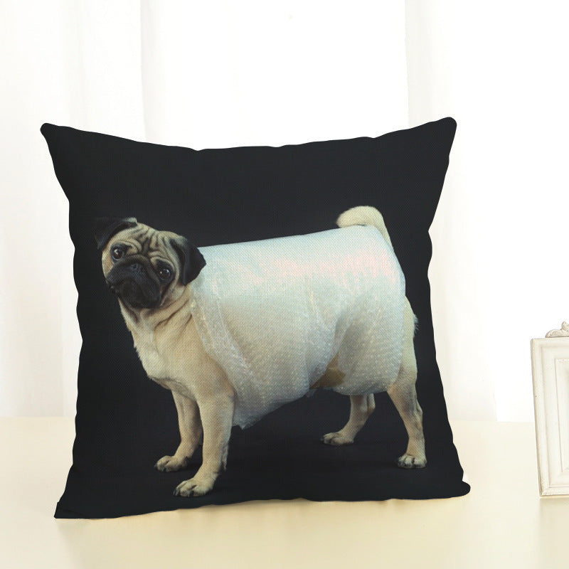 HKM-085715 Mediterranean Style Cotton Linen Pillow Cover - Lazy Pug Design, 45x45 cm