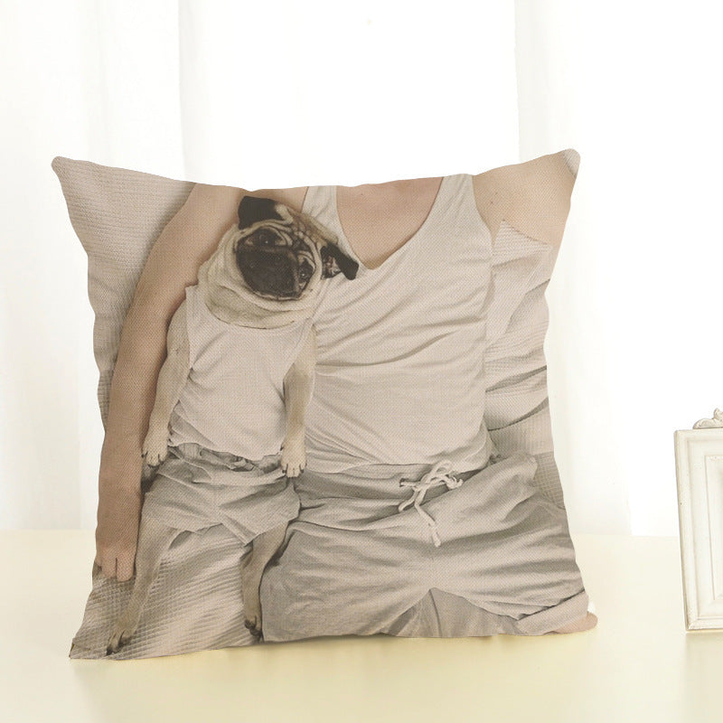 HKM-085715 Mediterranean Style Cotton Linen Pillow Cover - Lazy Pug Design, 45x45 cm