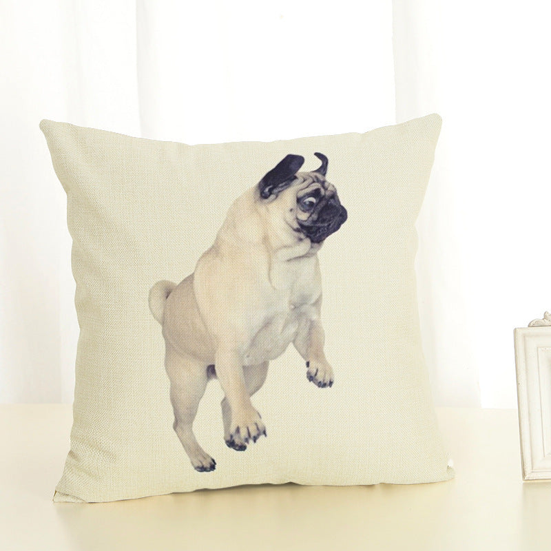 HKM-085715 Mediterranean Style Cotton Linen Pillow Cover - Lazy Pug Design, 45x45 cm