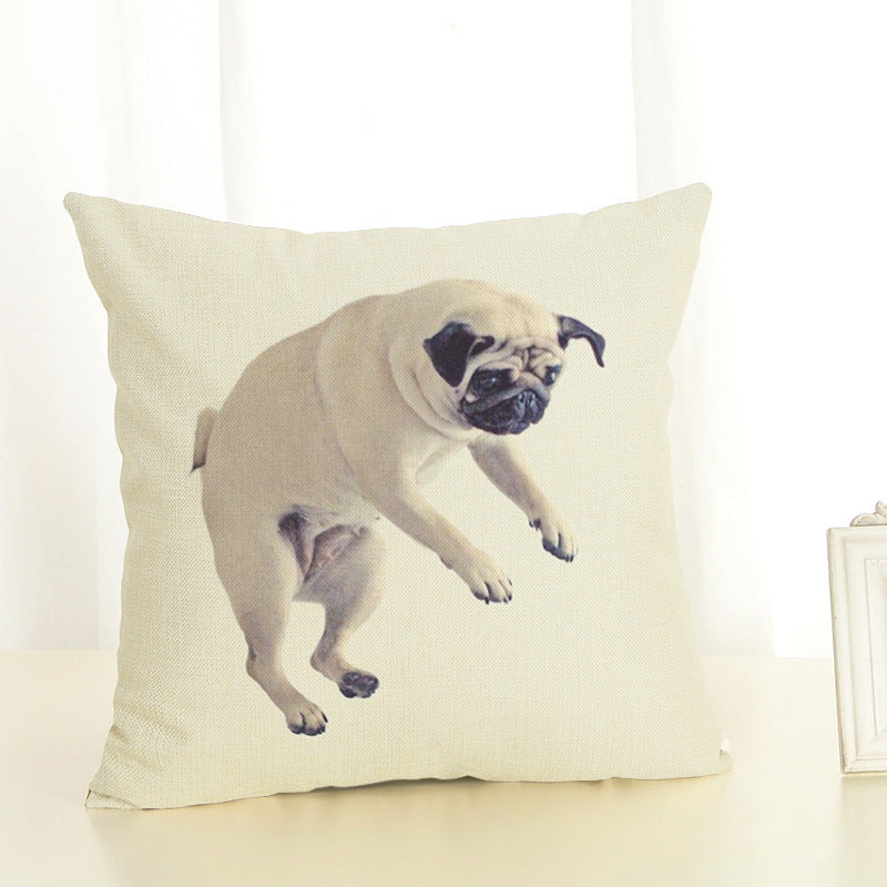 HKM-085715 Mediterranean Style Cotton Linen Pillow Cover - Lazy Pug Design, 45x45 cm