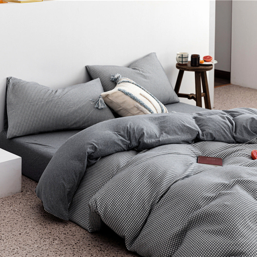 HKM-085907 Cotton Knitted Four-Piece Bedding Set with Geometric Patterns in Various Colors