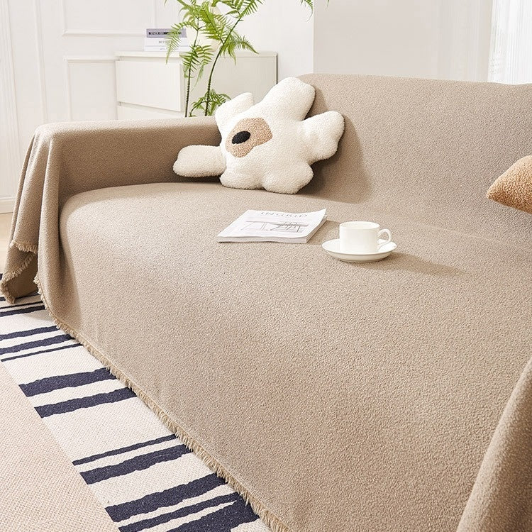 KTX-086547 Waterproof Teddy Plush Sofa Cover Set - Four Seasons Universal Non-Slip Towels in Creamy White, Gray, Warm Brown, Green