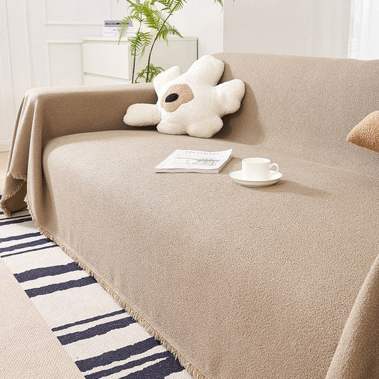 KTX-086547 Waterproof Teddy Plush Sofa Cover Set - Four Seasons Universal Non-Slip Towels in Creamy White, Gray, Warm Brown, Green