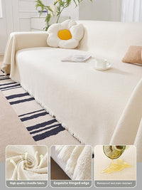 HKM-086547 Waterproof Teddy Plush Sofa Cover Set - Four Seasons Universal Non-Slip Towels in Creamy White, Gray, Warm Brown, Green