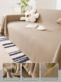 HKM-086547 Waterproof Teddy Plush Sofa Cover Set - Four Seasons Universal Non-Slip Towels in Creamy White, Gray, Warm Brown, Green