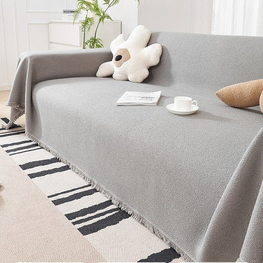 KTX-086547 Waterproof Teddy Plush Sofa Cover Set - Four Seasons Universal Non-Slip Towels in Creamy White, Gray, Warm Brown, Green