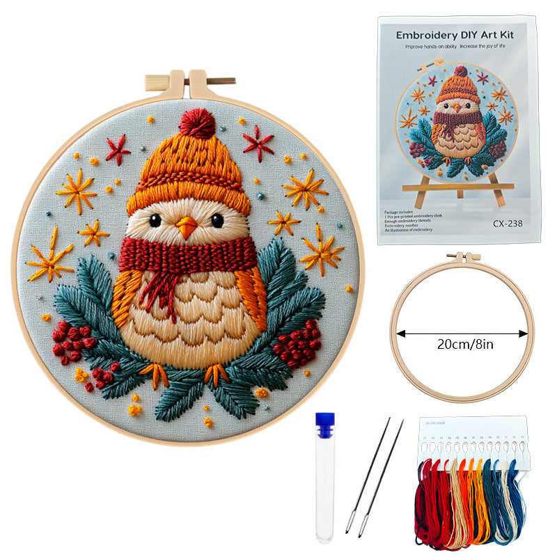 KTX-086739 Christmas Winter Landscape Bird Embroidery DIY Kit with Cotton and Linen Materials