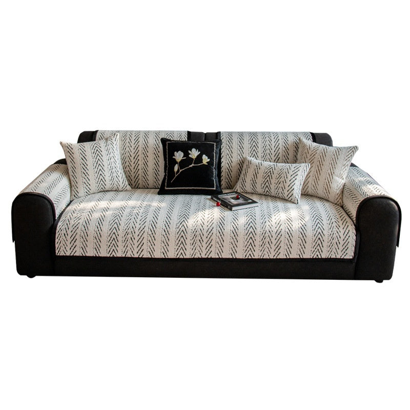 HKM-087955 Non-slip Plush Leather Sofa Cover with Stripe and Geometric Patterns in Black and White or Gray