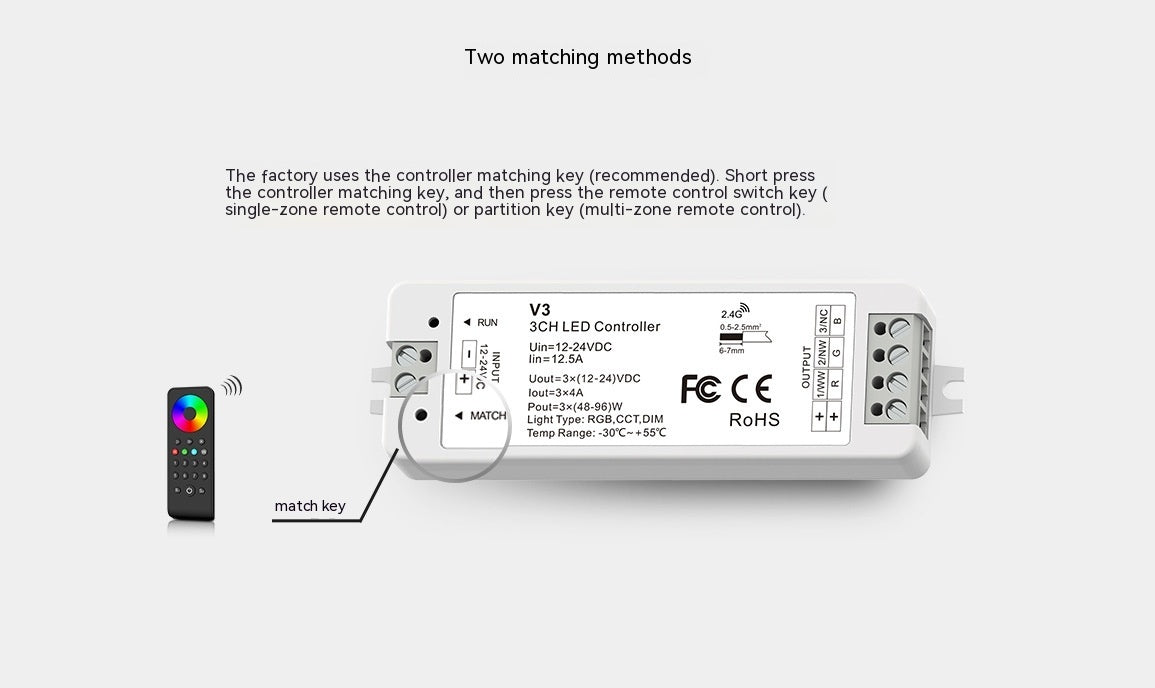 HKM-088403 Wireless RF LED Dimmer Switch for 12V-24V RGB Control - Model V3+R13, 8A Capacity