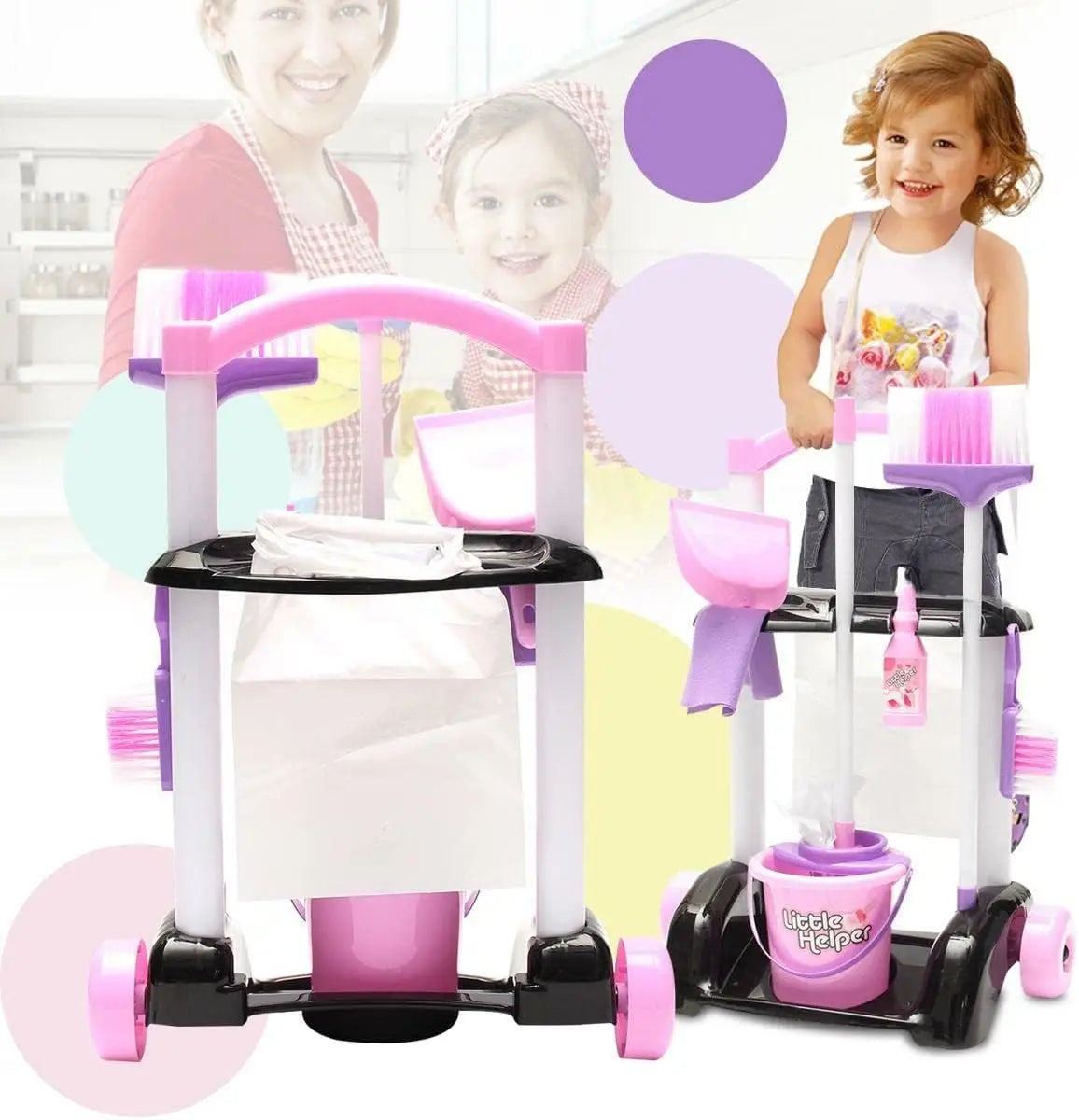 HKM-088723 58cm Plastic Trolley Cleaning Tool Toy Set for Pretend Play and Housekeeping Fun