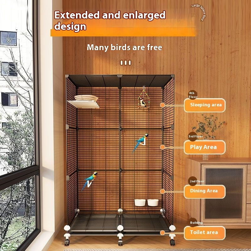 HKM-089299 Eco-Friendly Splash-Proof Parrot Cage with Double Row Accessories and Mobility Features