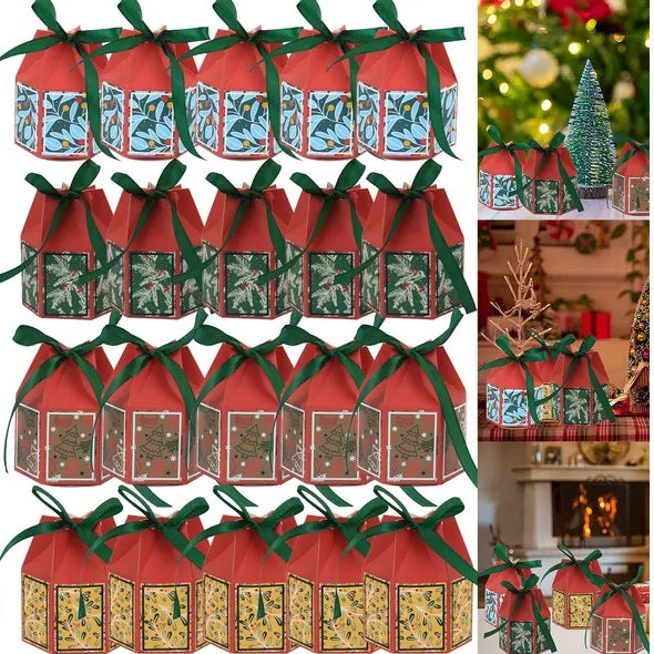 HKM-089811 Colorful Christmas Candy Boxes with Ribbon – 20 Pack Snowflake & Christmas Tree Treat Cases for Gift Wrapping