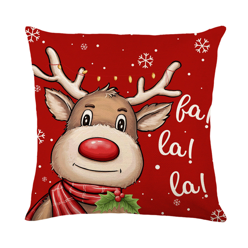 KTX-089875 Nordic Style Christmas Elk and Santa Claus Linen Cushion Cover - 45x45cm
