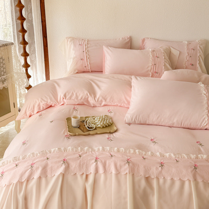 HKM-090195 Washed Cotton Lace Embroidered Four-Piece Bedding Set in Multiple Sizes