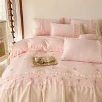 HKM-090195 Washed Cotton Lace Embroidered Four-Piece Bedding Set in Multiple Sizes