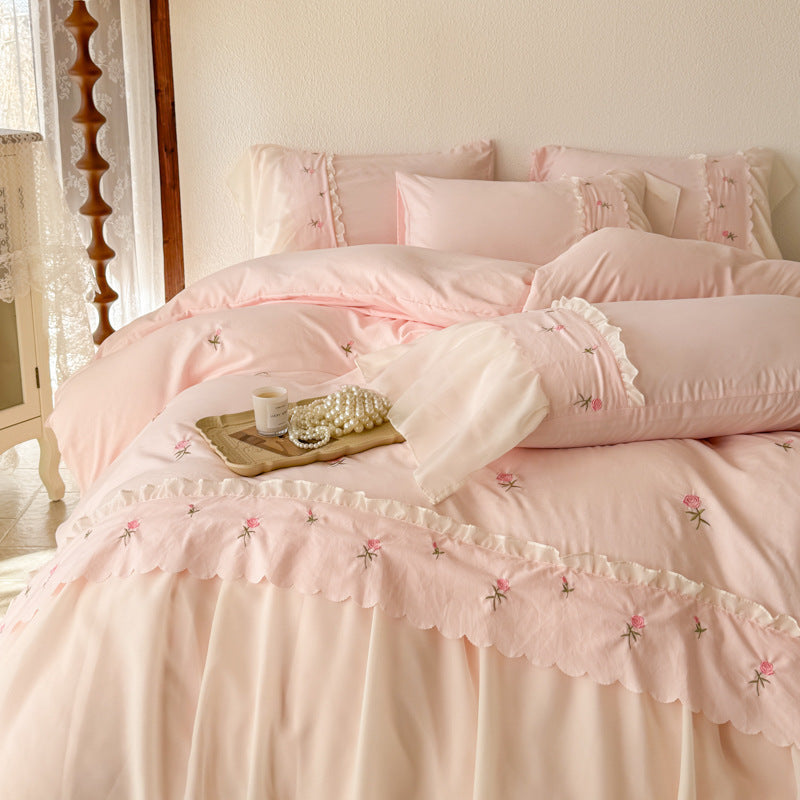 HKM-090195 Washed Cotton Lace Embroidered Four-Piece Bedding Set in Multiple Sizes