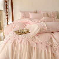 HKM-090195 Washed Cotton Lace Embroidered Four-Piece Bedding Set in Multiple Sizes