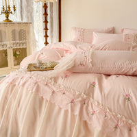 HKM-090195 Washed Cotton Lace Embroidered Four-Piece Bedding Set in Multiple Sizes