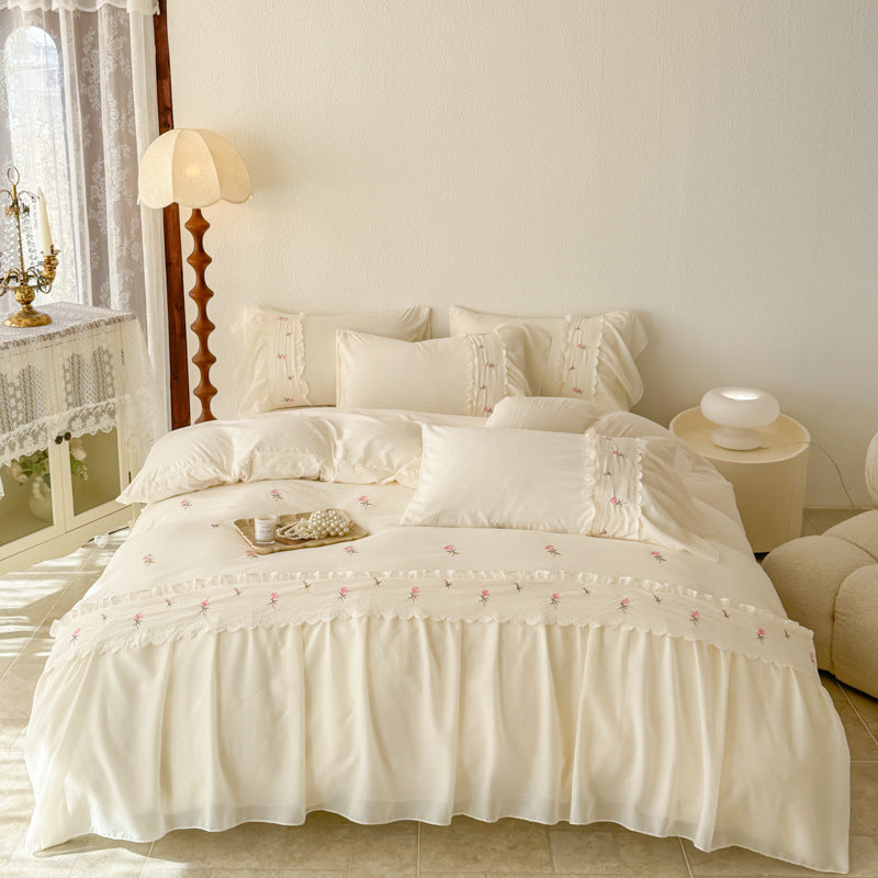 HKM-090195 Washed Cotton Lace Embroidered Four-Piece Bedding Set in Multiple Sizes