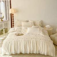 HKM-090195 Washed Cotton Lace Embroidered Four-Piece Bedding Set in Multiple Sizes