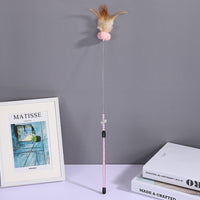 HKM-090835 60cm Long Steel Wire Cat Teaser Rod with Feather and Fur Ball - Colorful Options Available